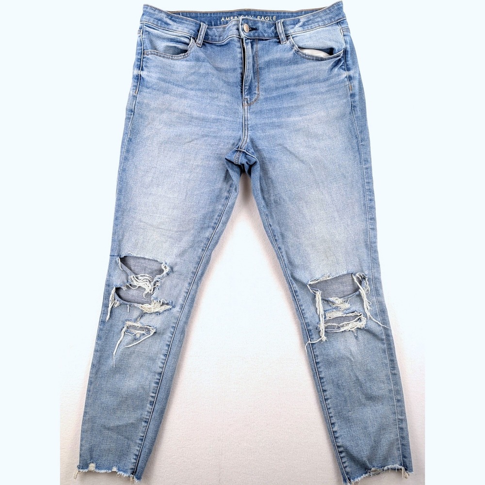 American Eagle High Waisted Distressed Skinny Jeans Womens 14 Light Wash